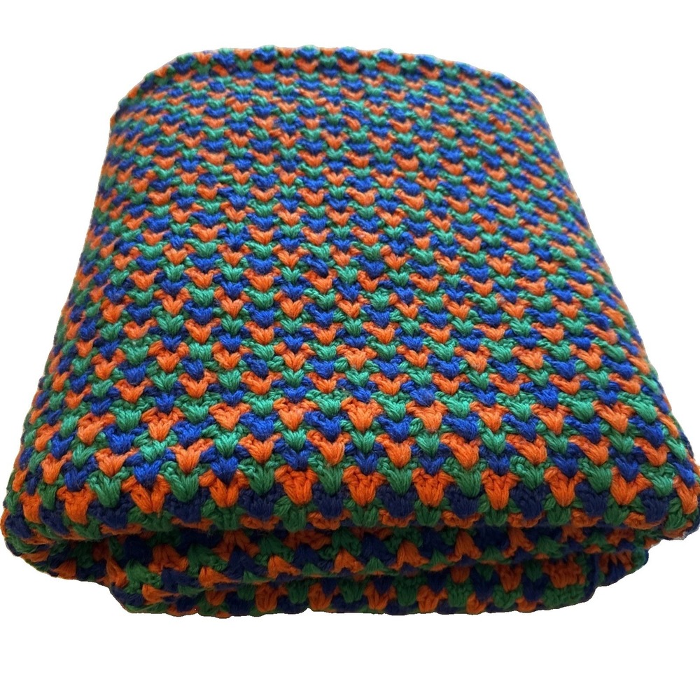 Crocheted Afghan Throw Blanket 59 X 49" Blue Green Orange Homemade